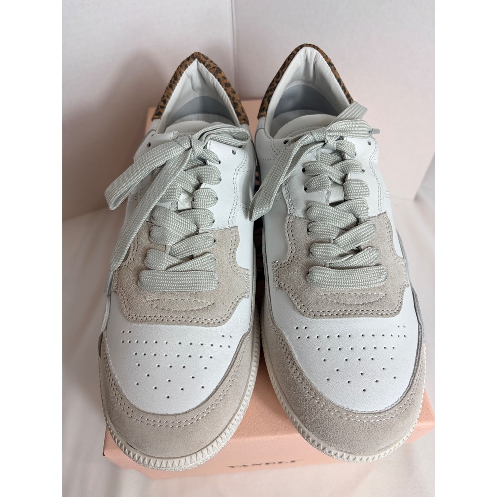 Vaneli Womens Sneakers White Nappa Grey Suede Leopard Print POE-304 8.5N